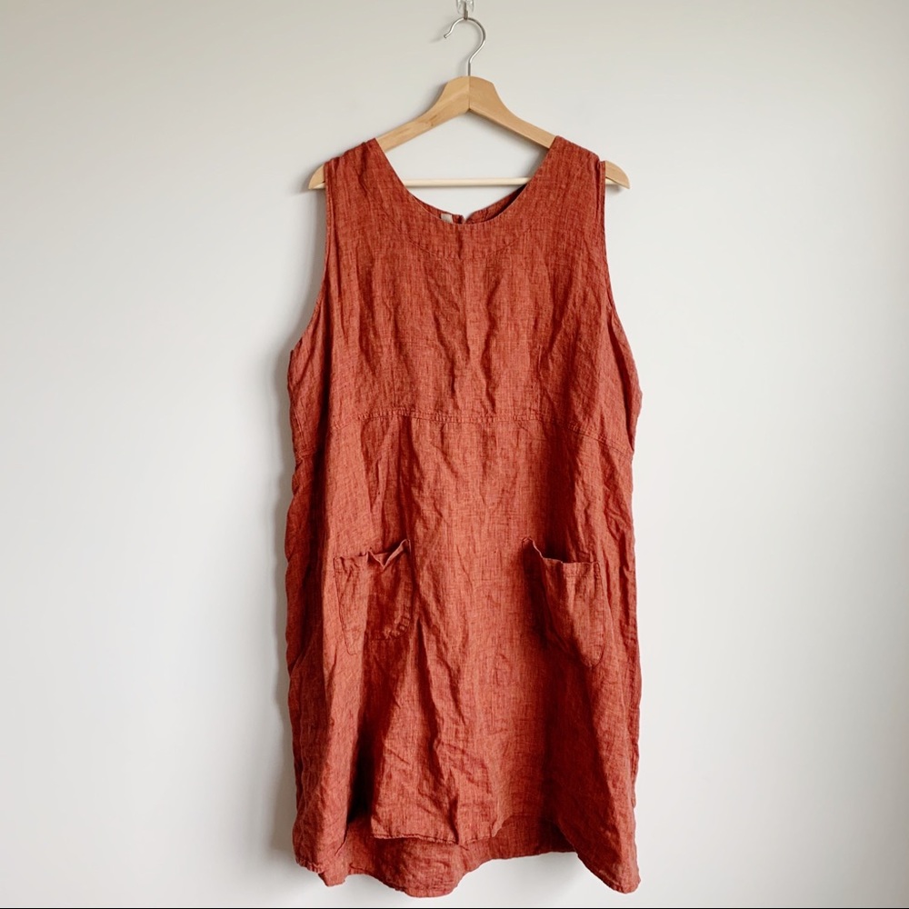 FLAX Mini Dress Sleeveless 100% Linen Pockets L